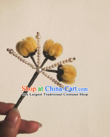China Traditional Qing Dynasty Yellow Velvet Plum Hair Stick Classical Pearls Hairpin