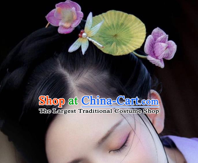 Traditional China Qing Dynasty Empress Hair Stick Classical Purple Velvet Lotus Hairpin