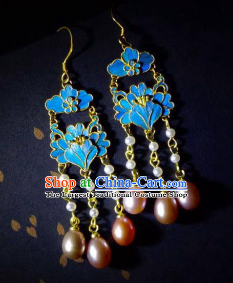 Chinese Ancient Qing Dynasty Court Ear Accessories Traditional Culture Jewelry Pearls Tassel Earrings