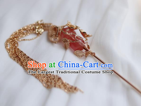 China Ancient Princess Rose Quartz Hairpin Traditional Ming Dynasty Golden Lantern Tassel Hair Stick