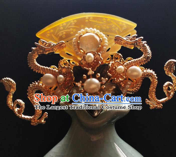 China Ancient Empress Golden Dragon Hairpin Traditional Ming Dynasty Shell Hair Crown