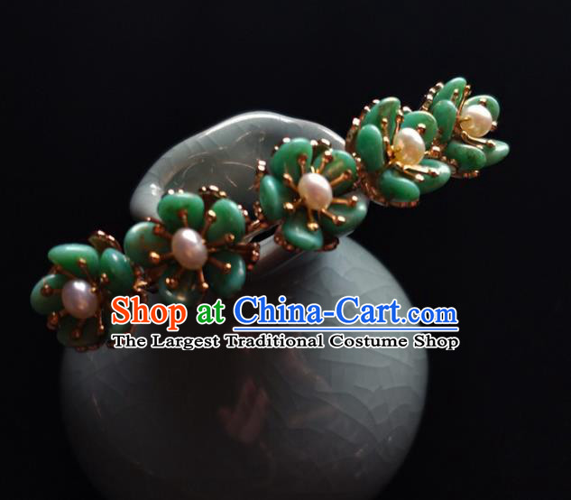 China Ancient Princess Green Plum Hairpin Traditional Ming Dynasty Pearls Hair Stick
