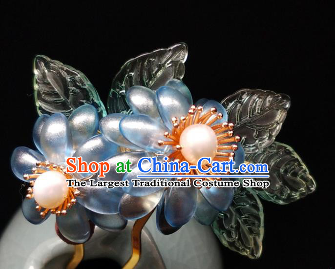 China Ancient Princess Blue Chrysanthemum Hairpin Traditional Ming Dynasty Pearls Hair Clip