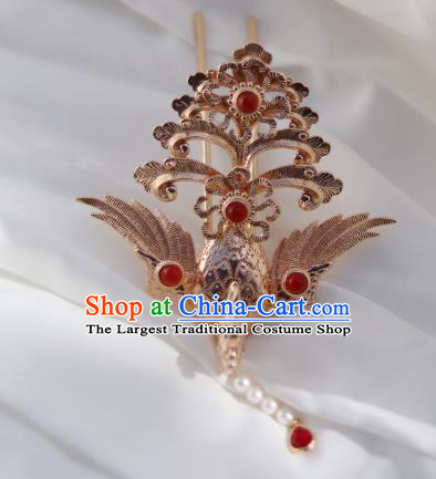 China Ancient Empress Pearls Tassel Hairpin Traditional Ming Dynasty Golden Phoenix Hair Crown