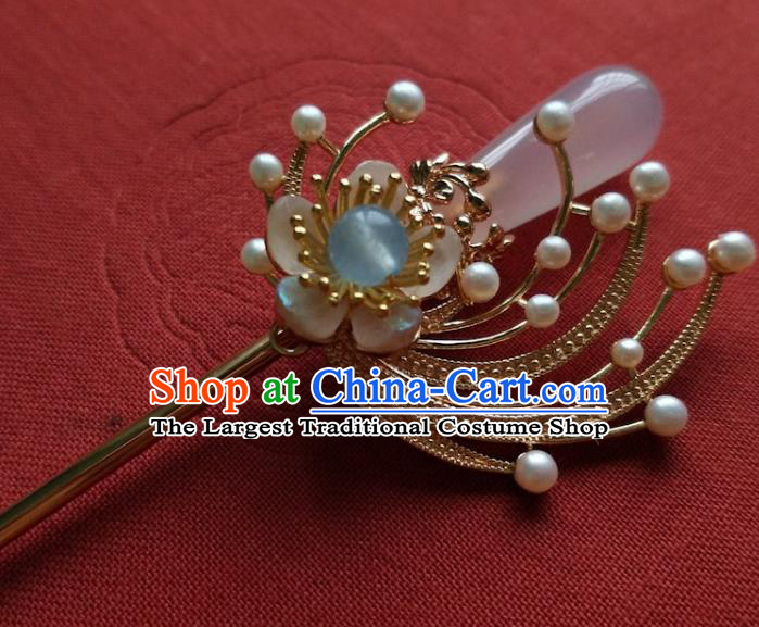 China Ancient Princess Rose Quartz Hairpin Traditional Ming Dynasty Beads Tassel Hair Clip