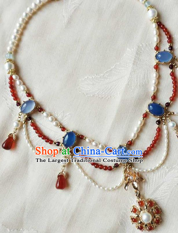 Chinese Traditional Hanfu Agate Necklace Accessories Classical Ming Dynasty Princess Pearls Necklet