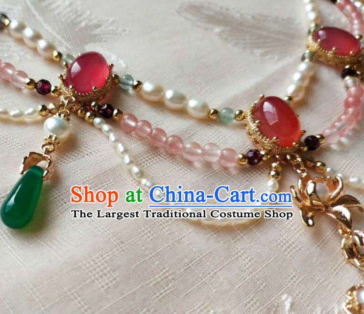 Chinese Traditional Hanfu Pearls Necklace Accessories Classical Ming Dynasty Princess Chrysoprase Necklet