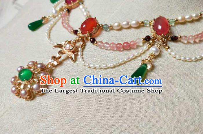 Chinese Traditional Hanfu Pearls Necklace Accessories Classical Ming Dynasty Princess Chrysoprase Necklet