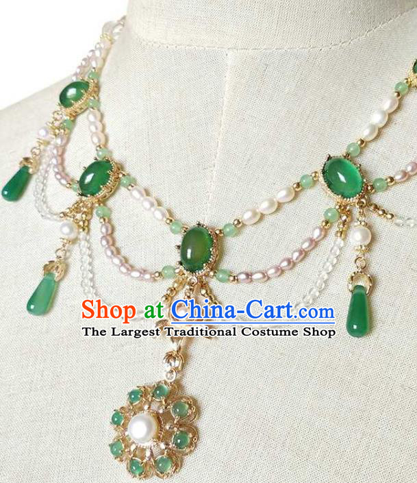 Chinese Classical Ming Dynasty Princess Chrysoprase Necklet Traditional Hanfu Pearls Necklace Accessories