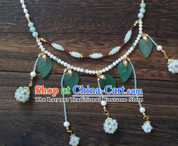 Chinese Classical Hanfu Pearls Necklace Traditional Ming Dynasty Princess Green Beads Tassel Necklet