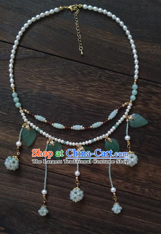 Chinese Classical Hanfu Pearls Necklace Traditional Ming Dynasty Princess Green Beads Tassel Necklet