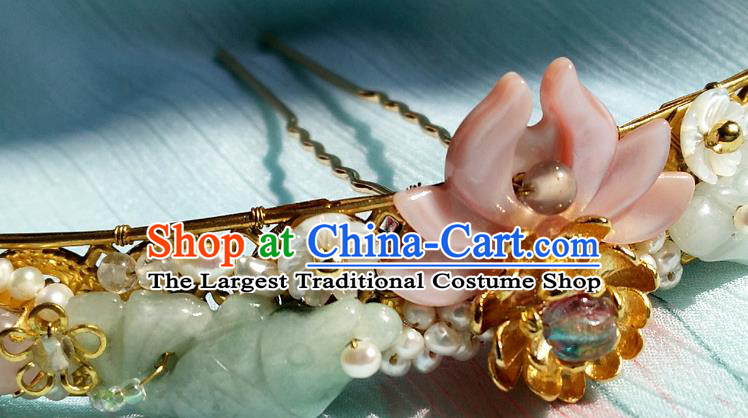 China Ancient Princess Pink Shell Lotus Hairpin Traditional Ming Dynasty Jade Pearls Hair Clip