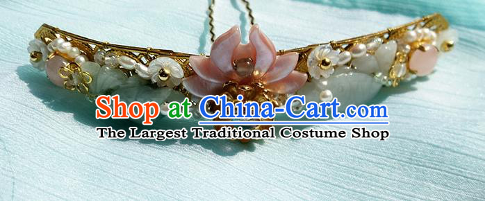 China Ancient Princess Pink Shell Lotus Hairpin Traditional Ming Dynasty Jade Pearls Hair Clip
