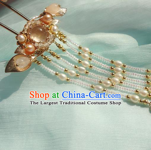 China Ancient Palace Lady Chalcedony Hairpin Traditional Ming Dynasty Pearls Tassel Hair Stick