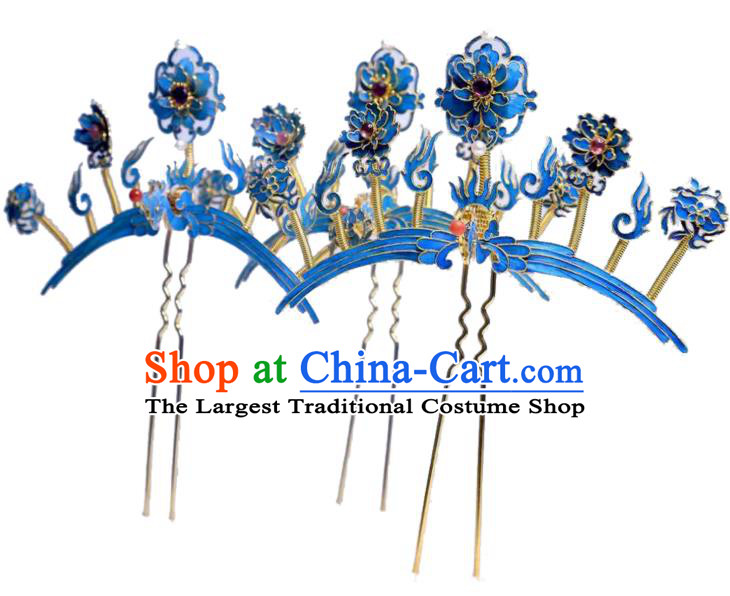 Chinese Traditional Qing Dynasty Cloisonne Peony Hair Jewelry Ancient Empress Tourmaline Hairpin