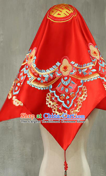 Chinese Traditional Wedding Headdress Xiuhe Suit Accessories Embroidered Red Satin Bridal Veil