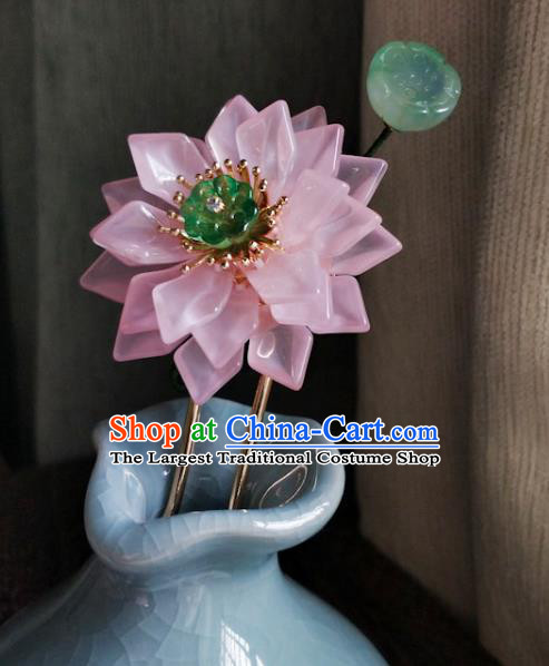 China Ancient Princess Coloured Glaze Hairpin Traditional Ming Dynasty Pink Lotus Hair Stick