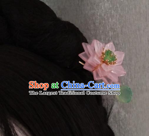 China Ancient Princess Coloured Glaze Hairpin Traditional Ming Dynasty Pink Lotus Hair Stick