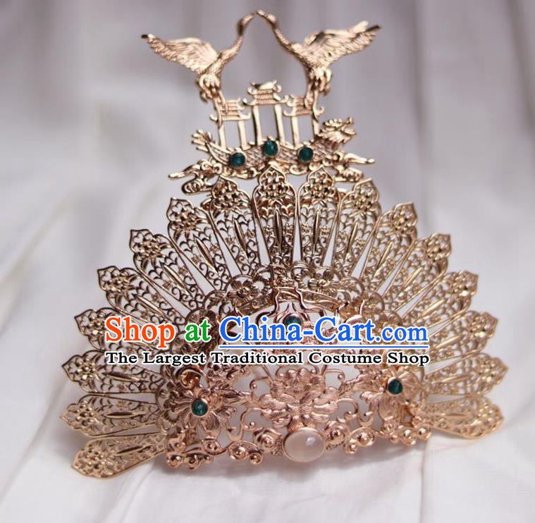 China Ancient Princess Hair Comb Traditional Ming Dynasty Golden Crane Hair Crown