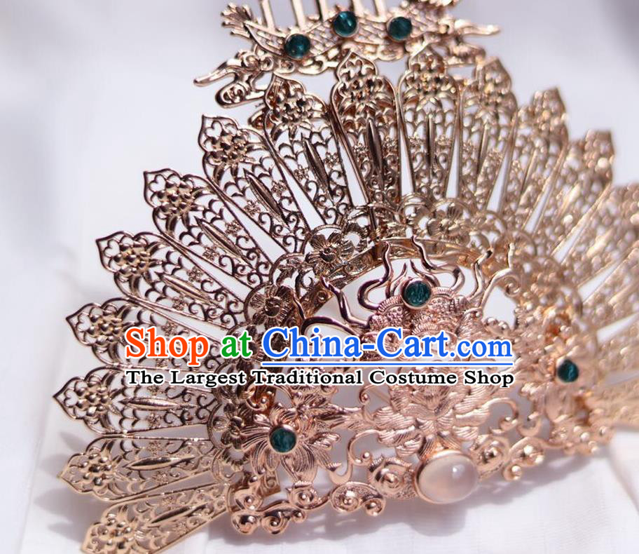 China Ancient Princess Hair Comb Traditional Ming Dynasty Golden Crane Hair Crown