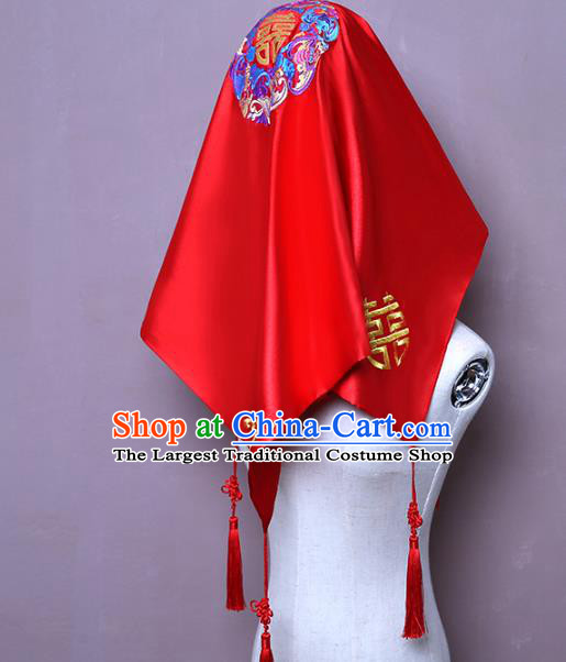 Chinese Embroidered Bridal Veil Traditional Wedding Headdress Classical Xiuhe Suit Red Satin Accessories