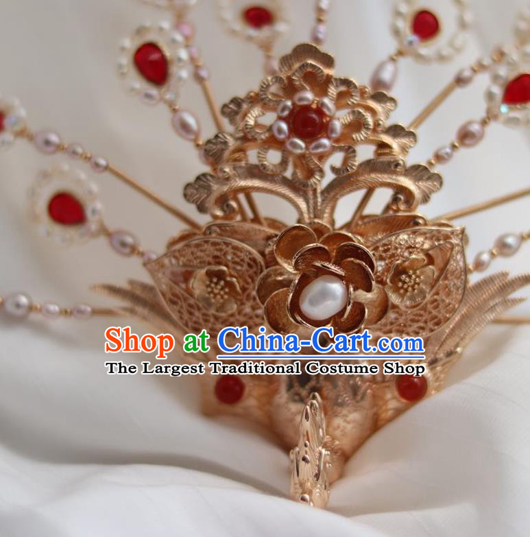 China Ancient Empress Pearls Hairpin Traditional Ming Dynasty Golden Phoenix Hair Crown