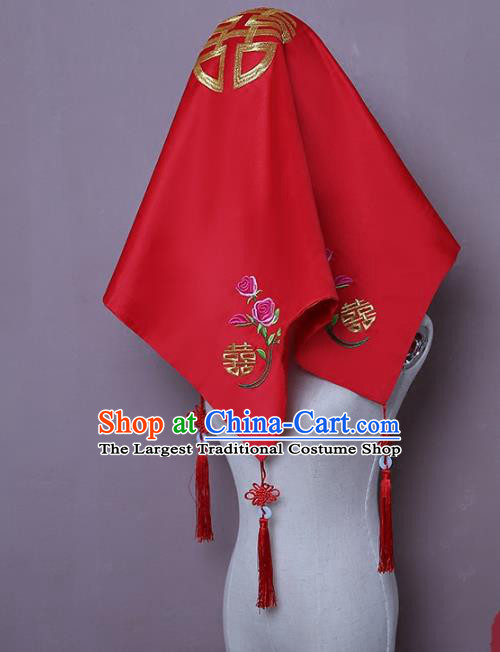 Chinese Embroidered Rose Bridal Veil Classical Xiuhe Suit Red Satin Accessories Traditional Wedding Headwear