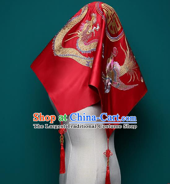 Chinese Traditional Xiuhe Suit Hair Accessories Classical Wedding Headdress Embroidered Phoenix Red Satin Bridal Veil