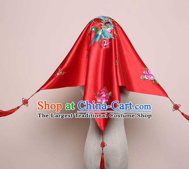 Chinese Classical Wedding Headdress Red Satin Kerchief Traditional Embroidered Phoenix Peony Bridal Veil