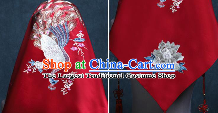 Chinese Red Satin Kerchief Traditional Embroidered Peacock Peony Bridal Veil Classical Wedding Headdress