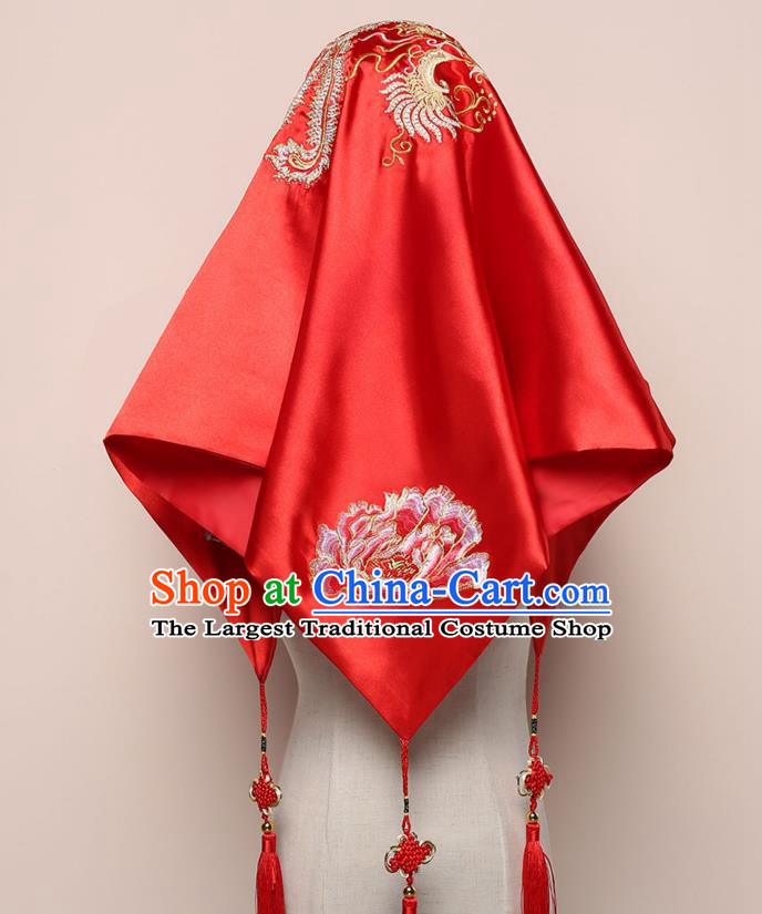 Chinese Wedding Red Satin Kerchief Classical Headdress Traditional Embroidered Phoenix Peony Bridal Veil