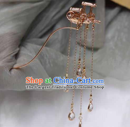 China Ancient Palace Lady Golden Boat Hairpin Traditional Ming Dynasty Crystal Tassel Hair Stick