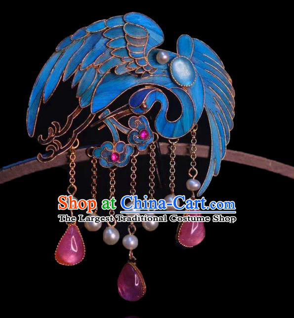 China Handmade Rose Quartz Tassel Brooch Accessories Traditional Qing Dynasty Cloisonne Crane Breastpin Jewelry