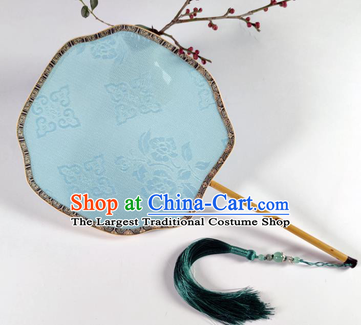 Chinese Handmade Jacquard Blue Silk Fan Traditional Ming Dynasty Princess Palace Fan