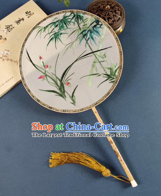 Chinese Silk Fan Handmade Embroidered Orchid Bamboo Palace Fan Traditional Hanfu Circular Fan