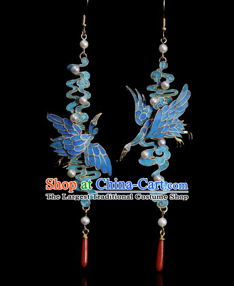 Chinese Ancient Qing Dynasty Court Pearls Ear Accessories Traditional Culture Jewelry Cloisonne Crane Earrings