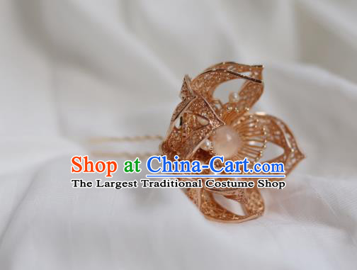 China Ancient Princess Pearls Hairpin Traditional Ming Dynasty Golden Flower Hair Stick