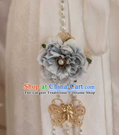 Handmade Chinese Blue Peony Waist Accessories Traditional Green Tassel Pendant