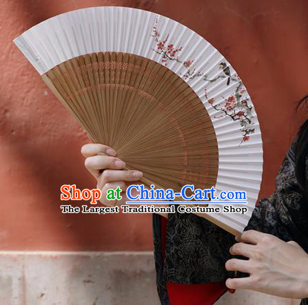 Chinese Hand Painting Plum Bird Folding Fan Traditional Paper Fan Sandalwood Accordion
