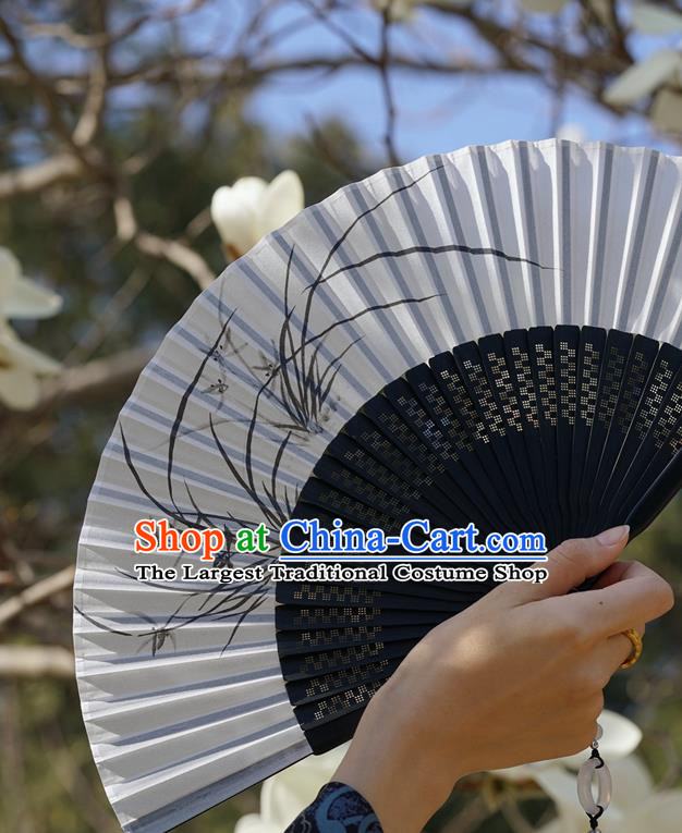 Chinese Bamboo Accordion Ink Painting Orchids Folding Fan Traditional Silk Fan