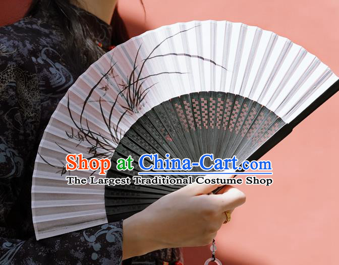 Chinese Bamboo Accordion Ink Painting Orchids Folding Fan Traditional Silk Fan