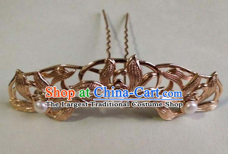 China Ancient Queen Hairpin Traditional Ming Dynasty Golden Orchids Hair Crown