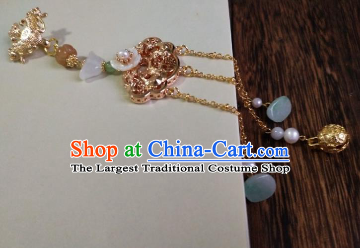 Chinese Traditional Hanfu Golden Lotus Brooch Accessories Classical Jade Tassel Pendant