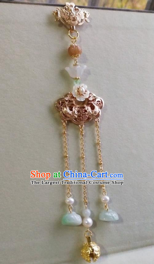 Chinese Traditional Hanfu Golden Lotus Brooch Accessories Classical Jade Tassel Pendant