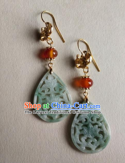 Chinese Traditional Jade Carving Lotus Ear Accessories Handmade Classical Cheongsam Earrings