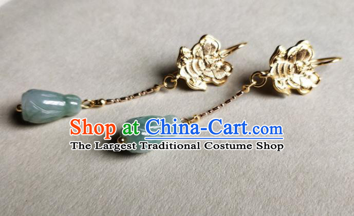 Chinese Traditional Golden Butterfly Ear Accessories Handmade Classical Cheongsam Jade Mangnolia Earrings