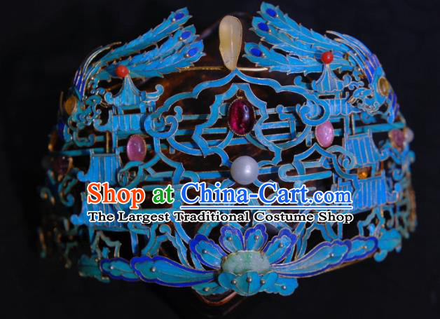 Chinese Qing Dynasty Palace Woman Blueing Hair Crown Traditional Hair Jewelry Ancient Empress Gems Phoenix Coronet