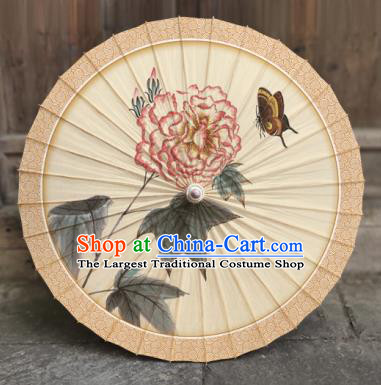 China Traditional Beige Oil Paper Umbrella Handmade Classical Painting Peony Butterfly Umbrellas