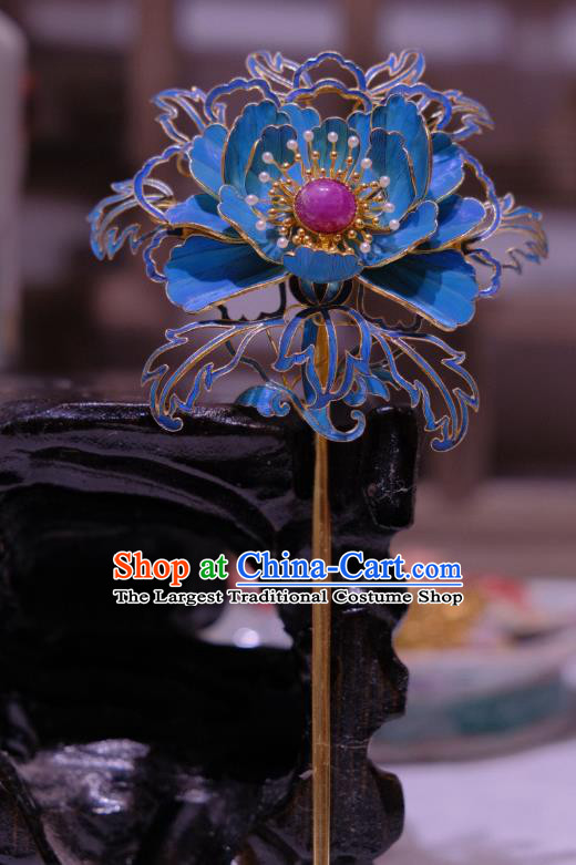 Chinese Traditional Hair Jewelry Ancient Empress Ruby Hair Stick Qing Dynasty Empress Blueing Peony Hairpin