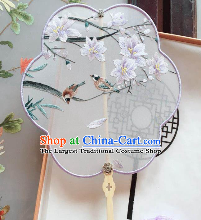 Chinese Handmade Embroidered Mangnolia Palace Fan Traditional Cheongsam Dance Fan Classical Silk Fan